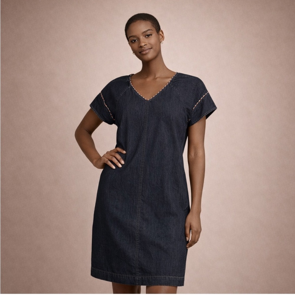 Jodifl Denim Tunic Dress V-Neck Short Sleeve Boho Mini Dress Size M